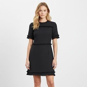 Kate Spade Black and Fringe Short Sleeve A-Line Tweed Midi Dress